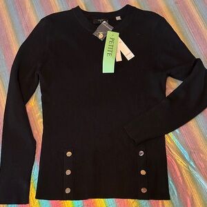 Tahari brand black sweater with silver button embellishment